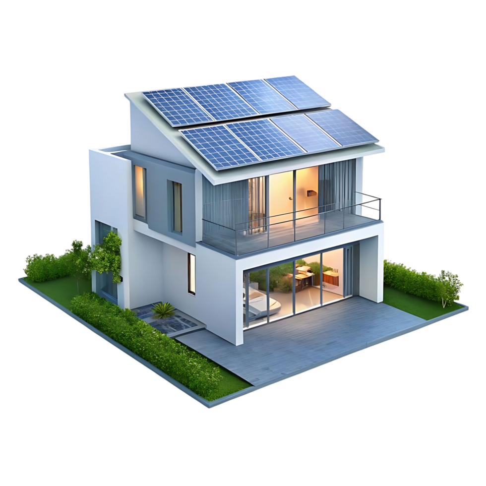 A modern house with solar panels on the roof png