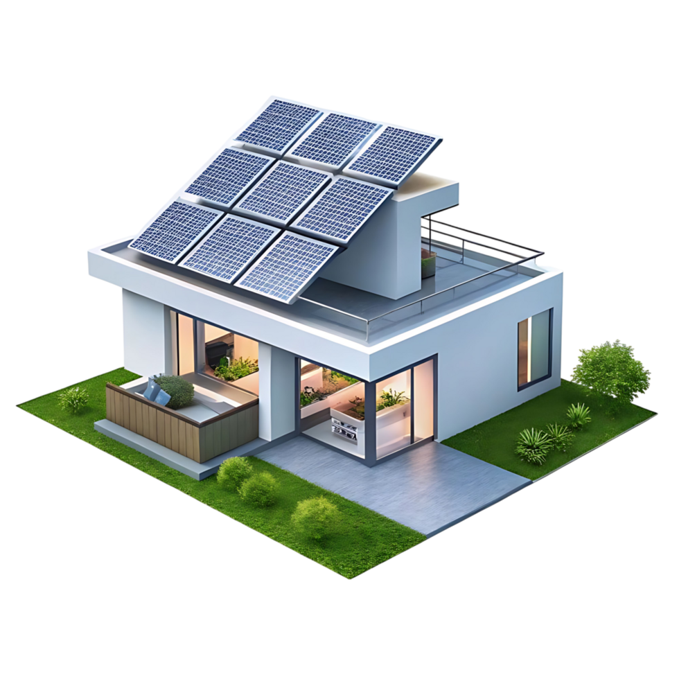 Modern Sustainable House with Solar Panels and Rooftop Garden a 3D rendering of eco friendly home design png