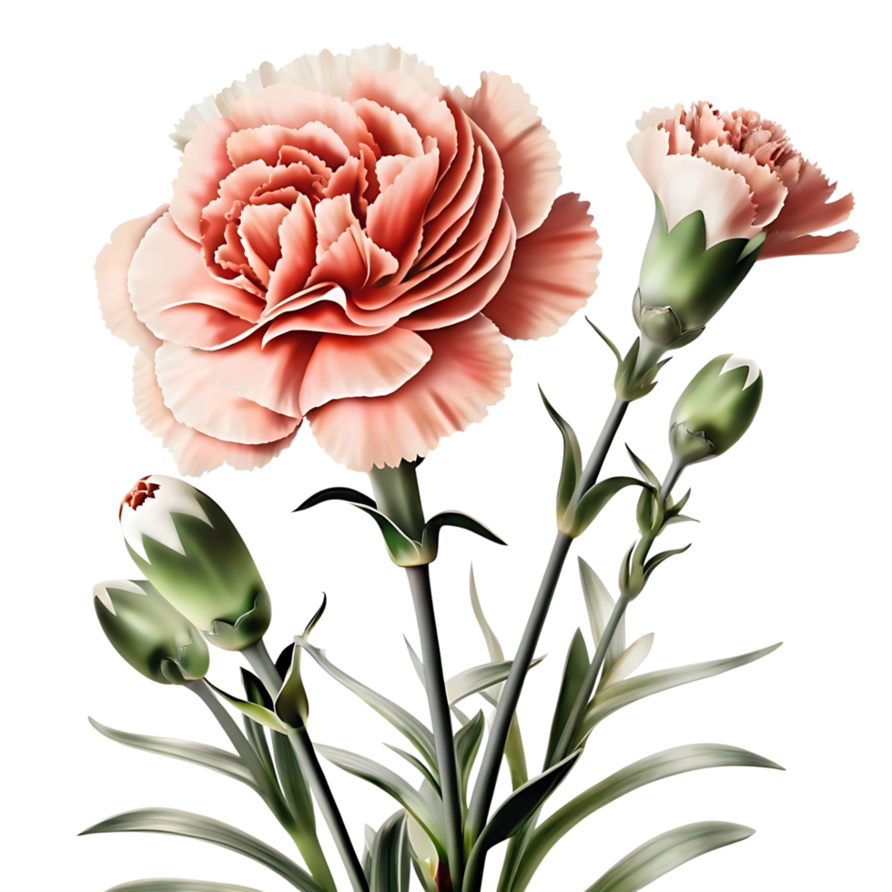 Closeup of a trio of peach and white carnations with green stems and leaves against a transparent background botanical illustration png