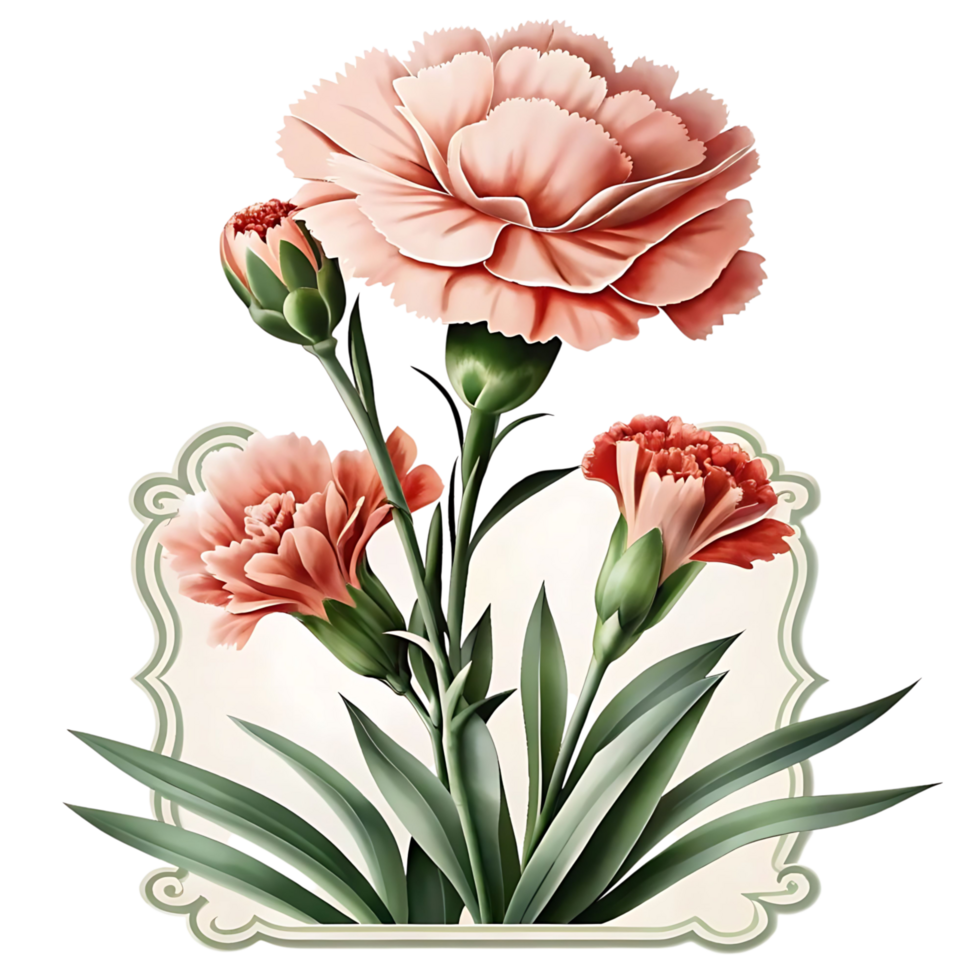 Elegant Pink Carnations in a Vintage Frame Botanical Illustration png