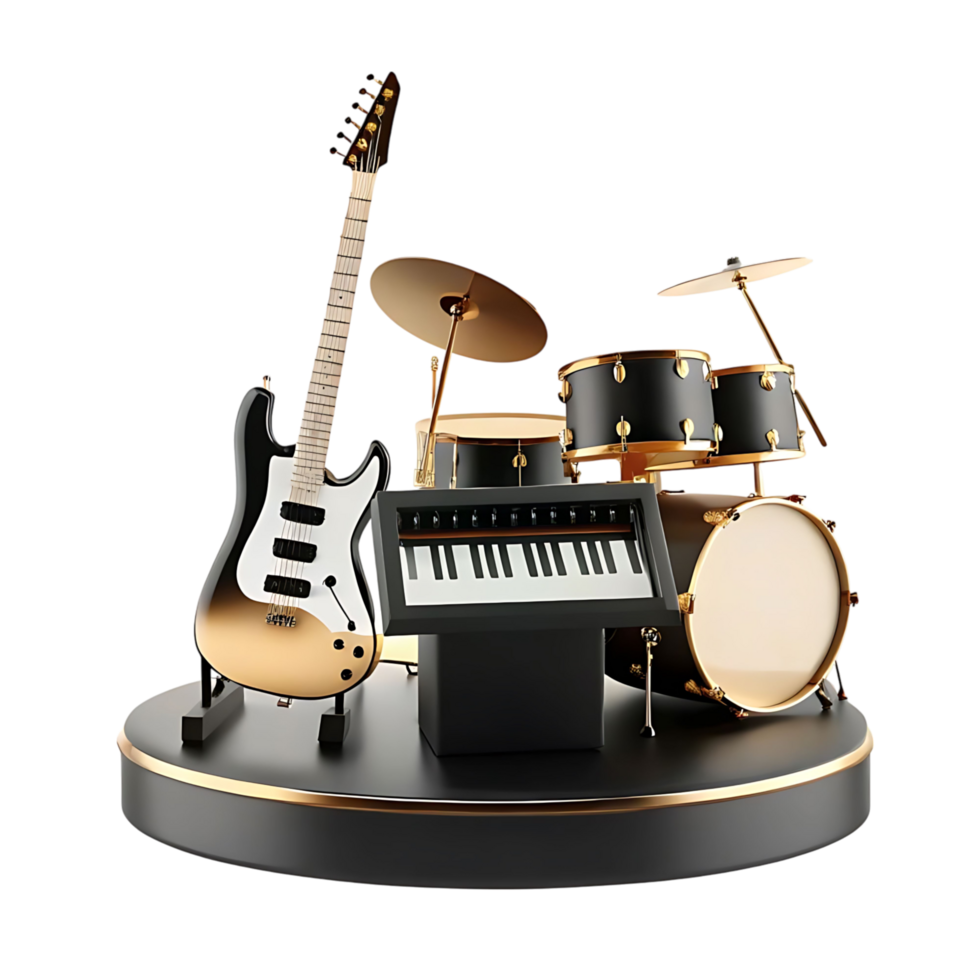 Elegant transparent and Gold Musical Instrument Ensemble Featuring Electric Guitar Keyboard and Drum Kit on a Circular Stand png