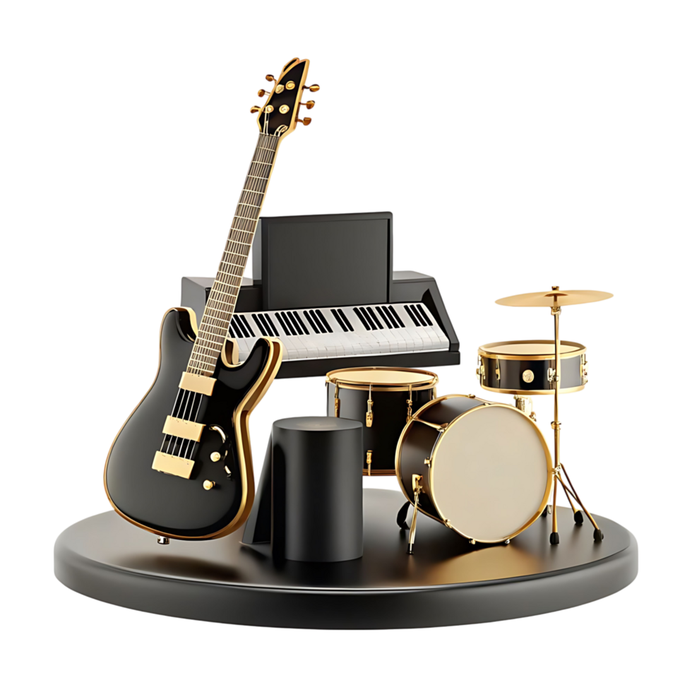 transparent and Gold Electric Guitar Keyboard and Drum Kit Music Studio Setup png