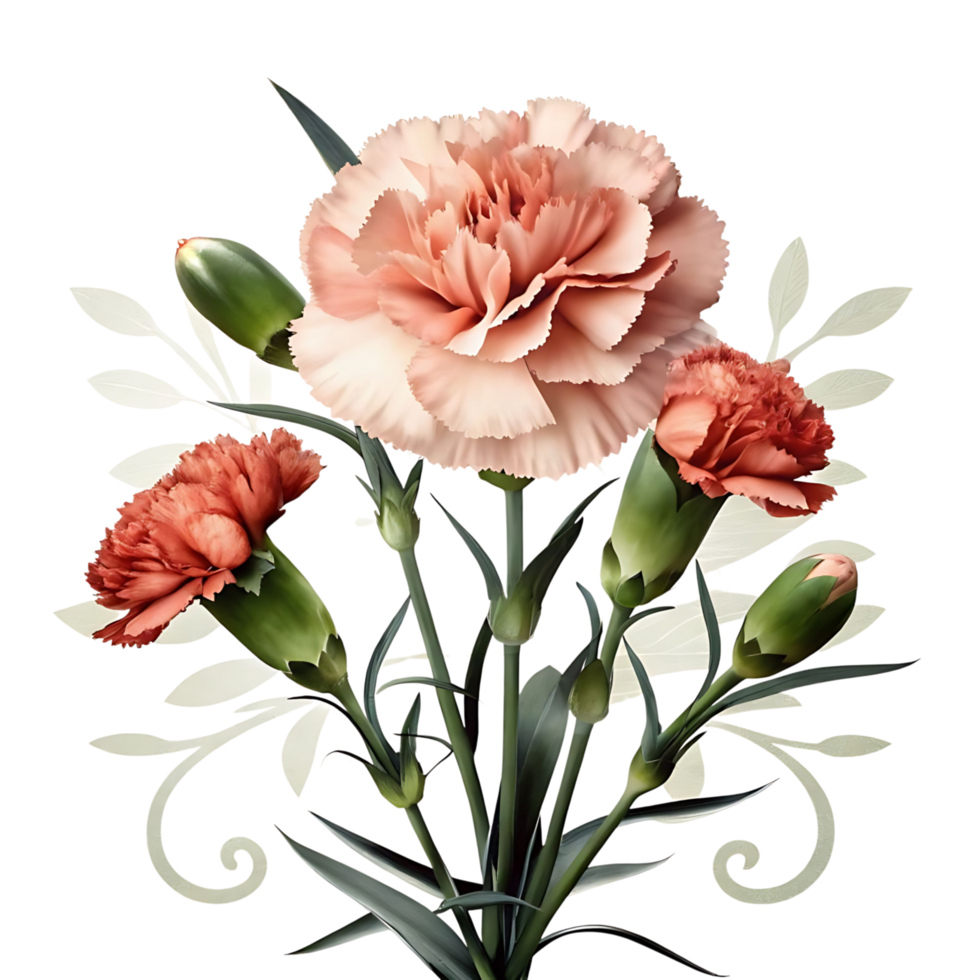 Elegant Bouquet of Peach and Coral Carnations with Ornate Green Foliage png