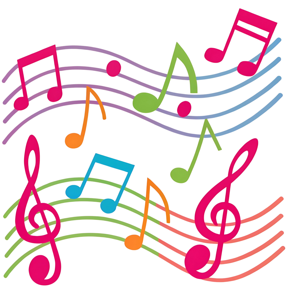 Colorful Music Notes and Treble Clef on Wavy Staff Lines png