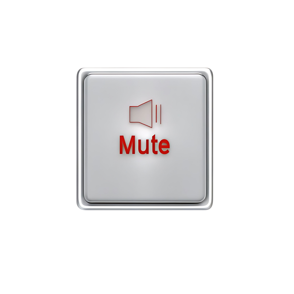 A shiny white mute button with a red mute icon and text on a transparent background png