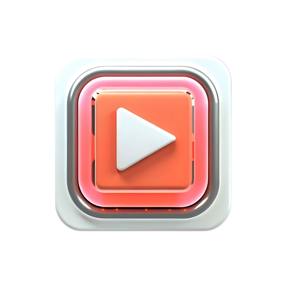 3D Render of a Modern Play Button Icon with Neon Red Glow and White Play Symbol on Orange Background png