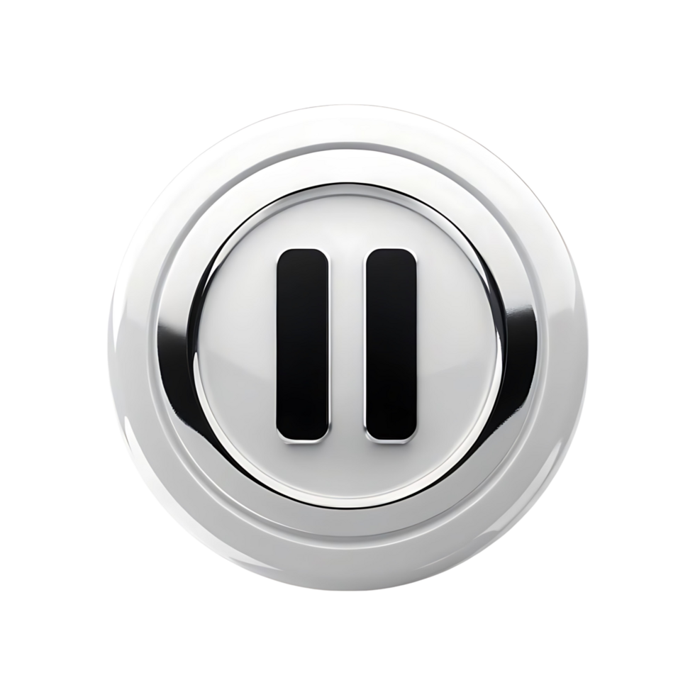 Glossy White Pause Button with Chrome Accents High Resolution 3D Render png
