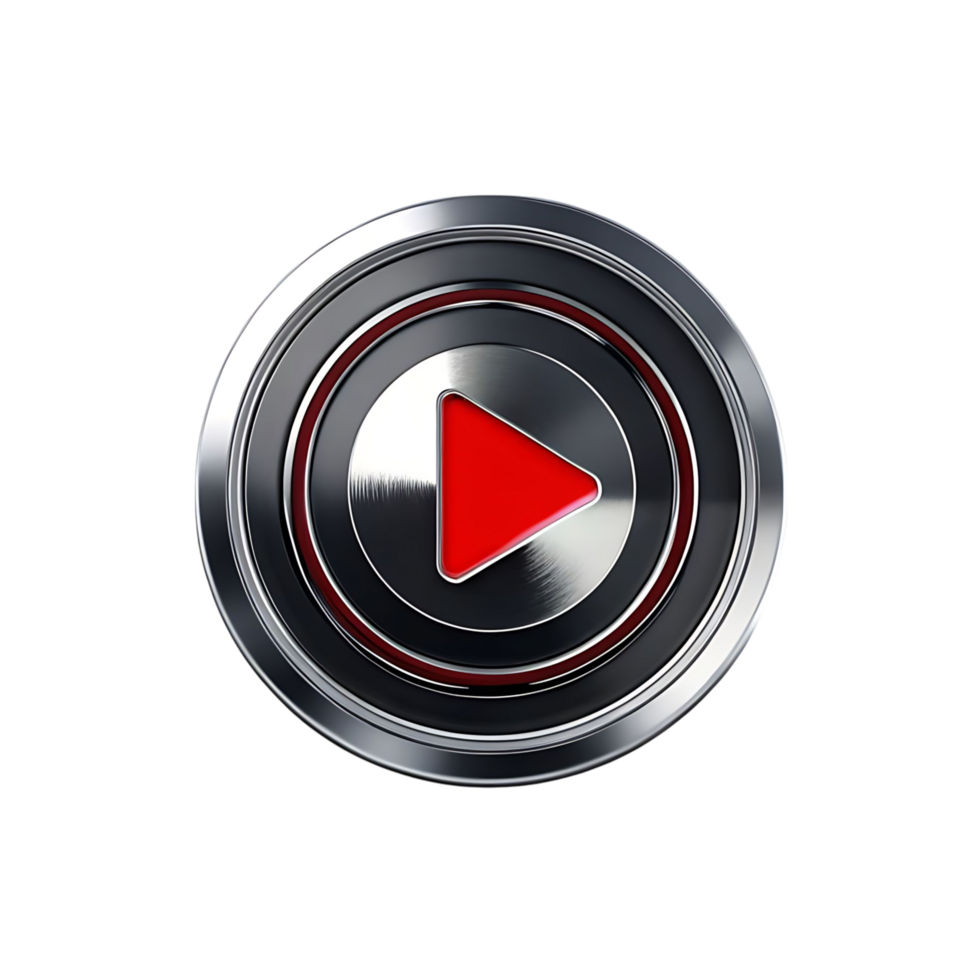Sleek Red Play Button on a Metallic Circular Interface Design Element png