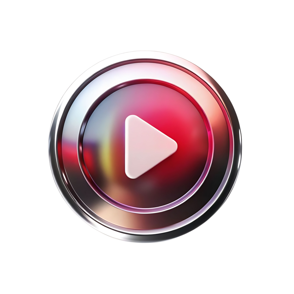 Shiny metallic chrome play button with vibrant red and pink gradient background png