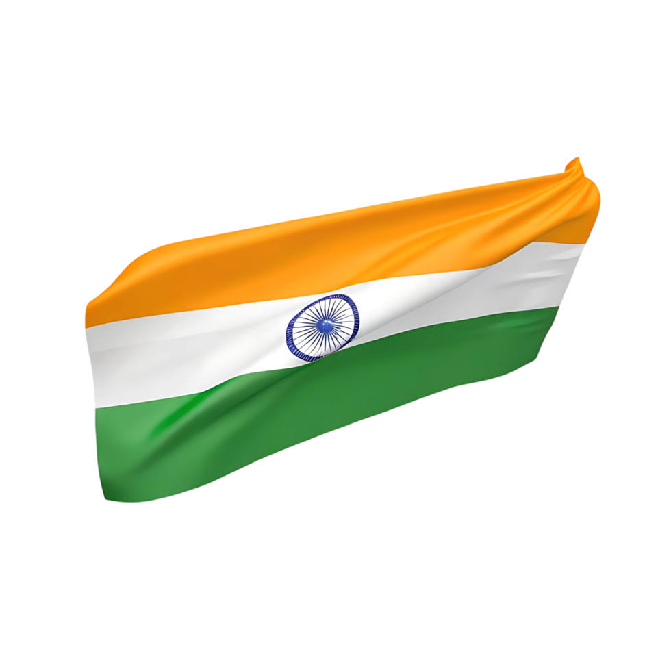 A flowing Indian flag on a transparent background, showcasing the vibrant saffron orange white and green colors, with the Ashoka Chakra in the center, representing national pride and Indian heritage png