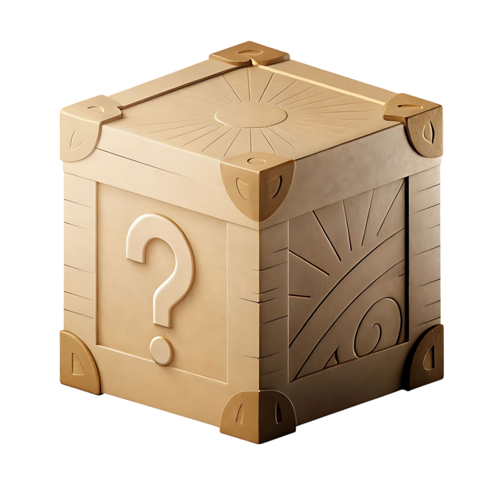 Mysterious Wooden Box with Intricate Carvings and a Question Mark png