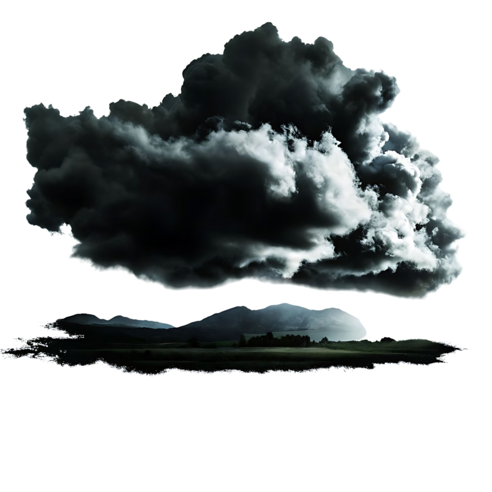Dark Storm Clouds Over a Serene Landscape Featuring Mountains and Fields png