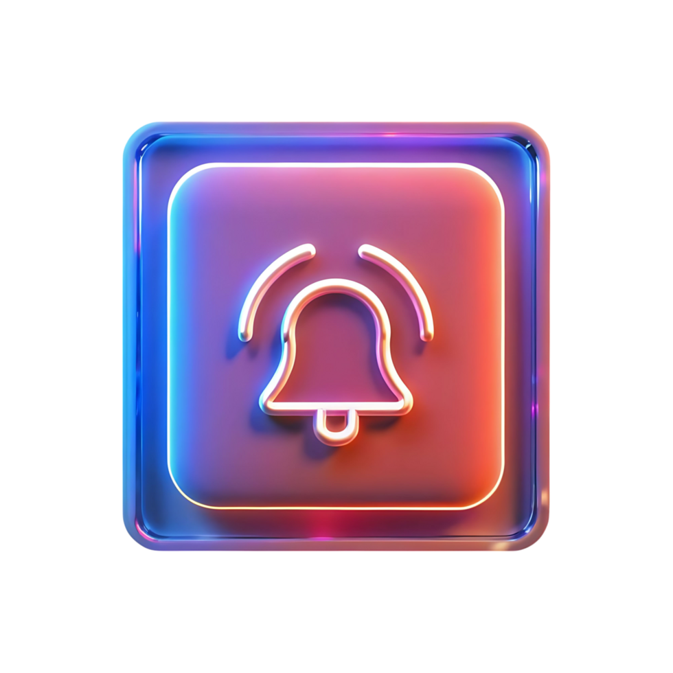 Neon glowing notification bell button interface element 3d render png