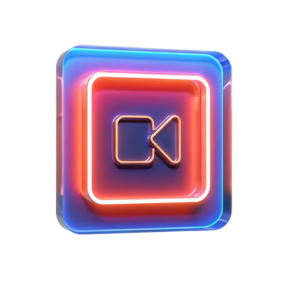 Neon glowing button with rewind icon 3D render png
