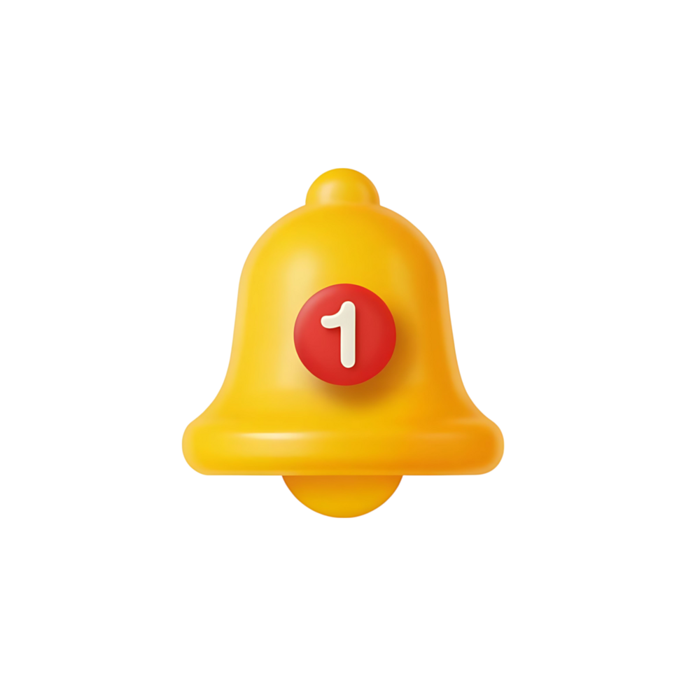 3D Render of a Yellow Bell Notification Icon with One New Message png