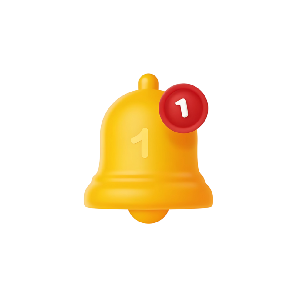 Three Dimensional Render of Yellow Bell Notification Icon with One New Notification png