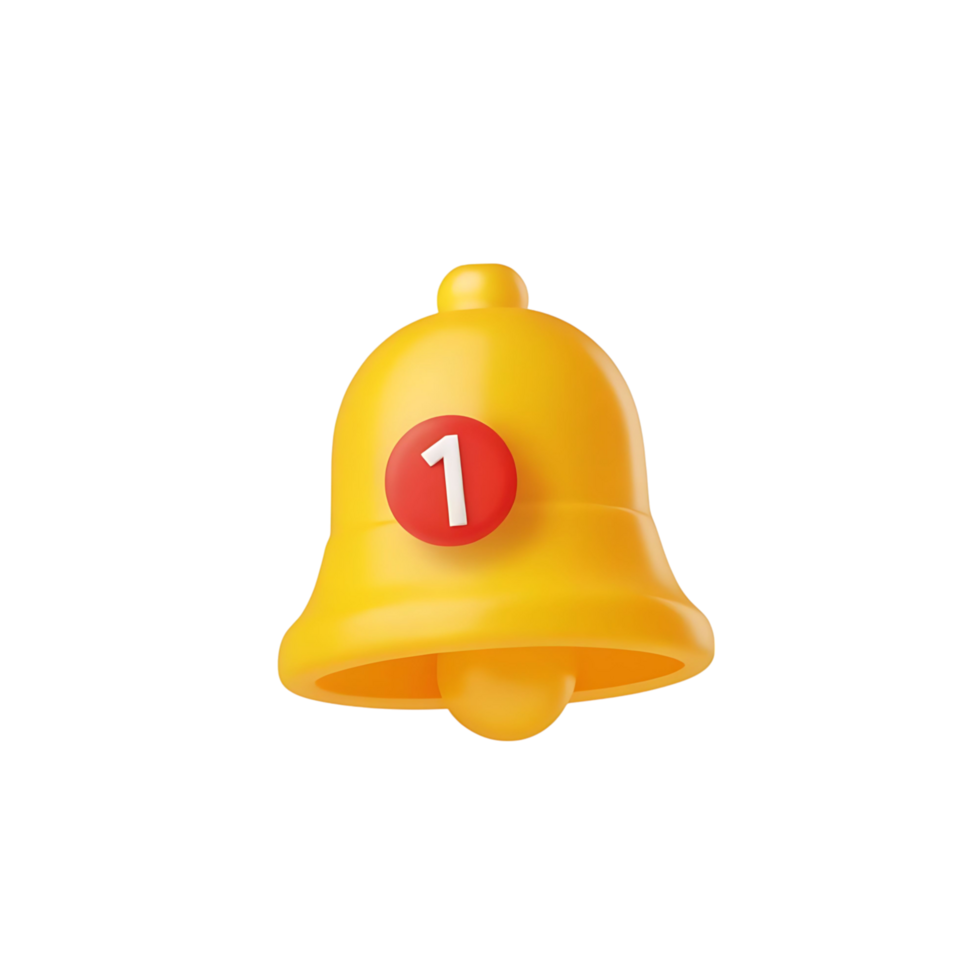 3D Render of a Yellow Bell Notification Icon with One New Notification png