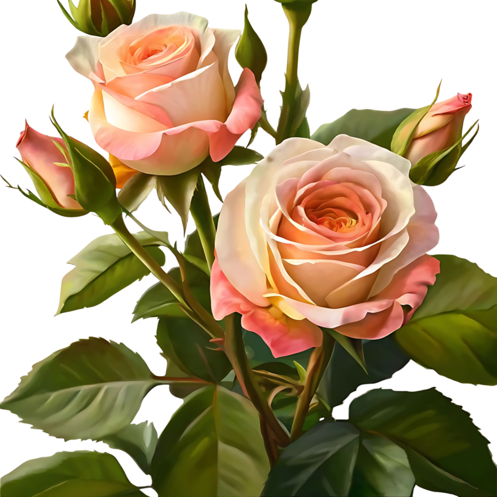 A breathtaking bouquet of three peach roses with green leaves and buds png