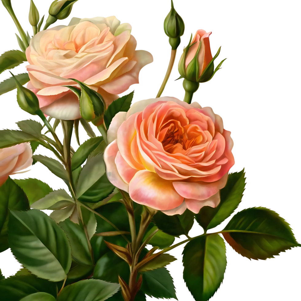 Peach and Apricot Roses with Green Leaves and Buds on a transparent Background Beautiful Floral Illustration png