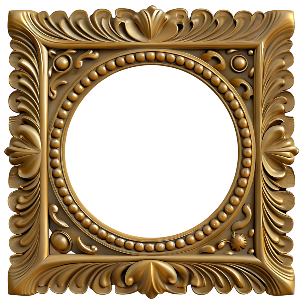 Ornate Golden Square Frame with Circular Centerpiece Exquisite Carved Detailing Intricate Design Elegant Decorative Element png