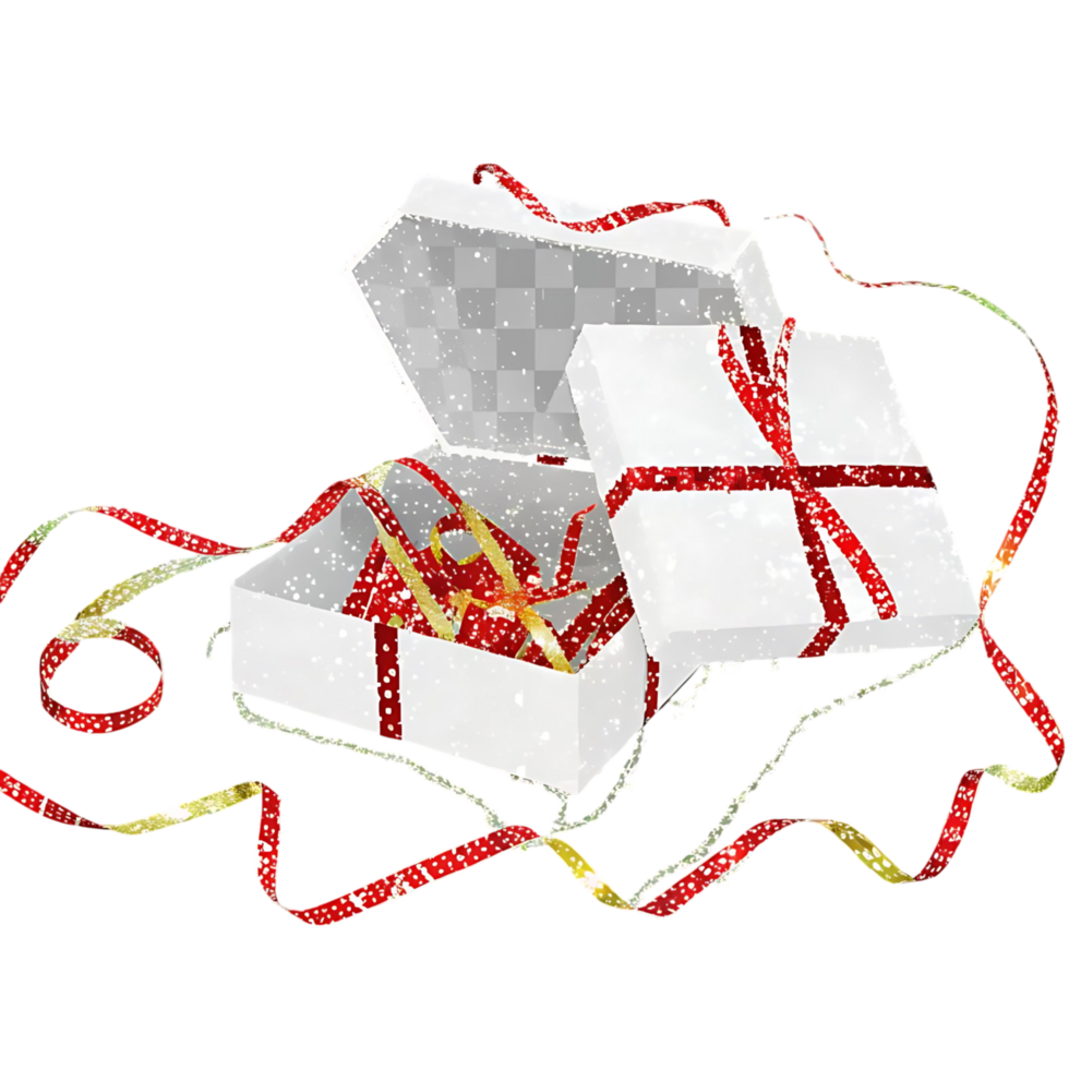 Open White Gift Box with Red and Gold Ribbons and Snowflakes png