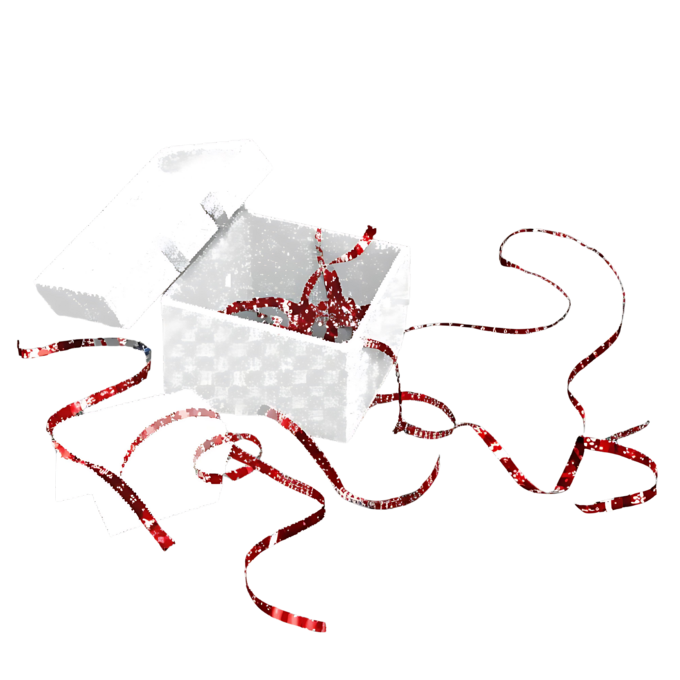 An Open White Gift Box with Red Sparkling Ribbon Scattered Around png