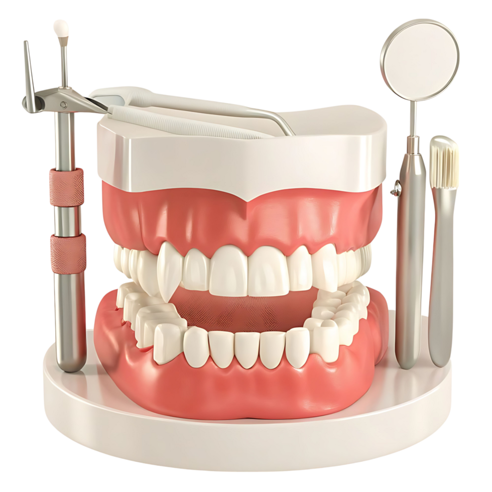 Dental Model with Instruments for Teeth Examination and Cleaning png