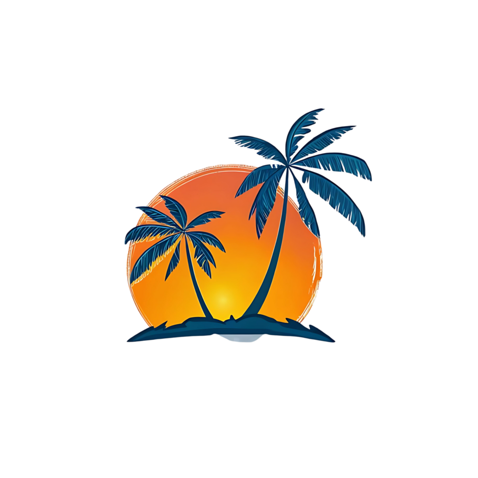 Stunning Sunset Tropical Island Scene with Two Palm Trees png