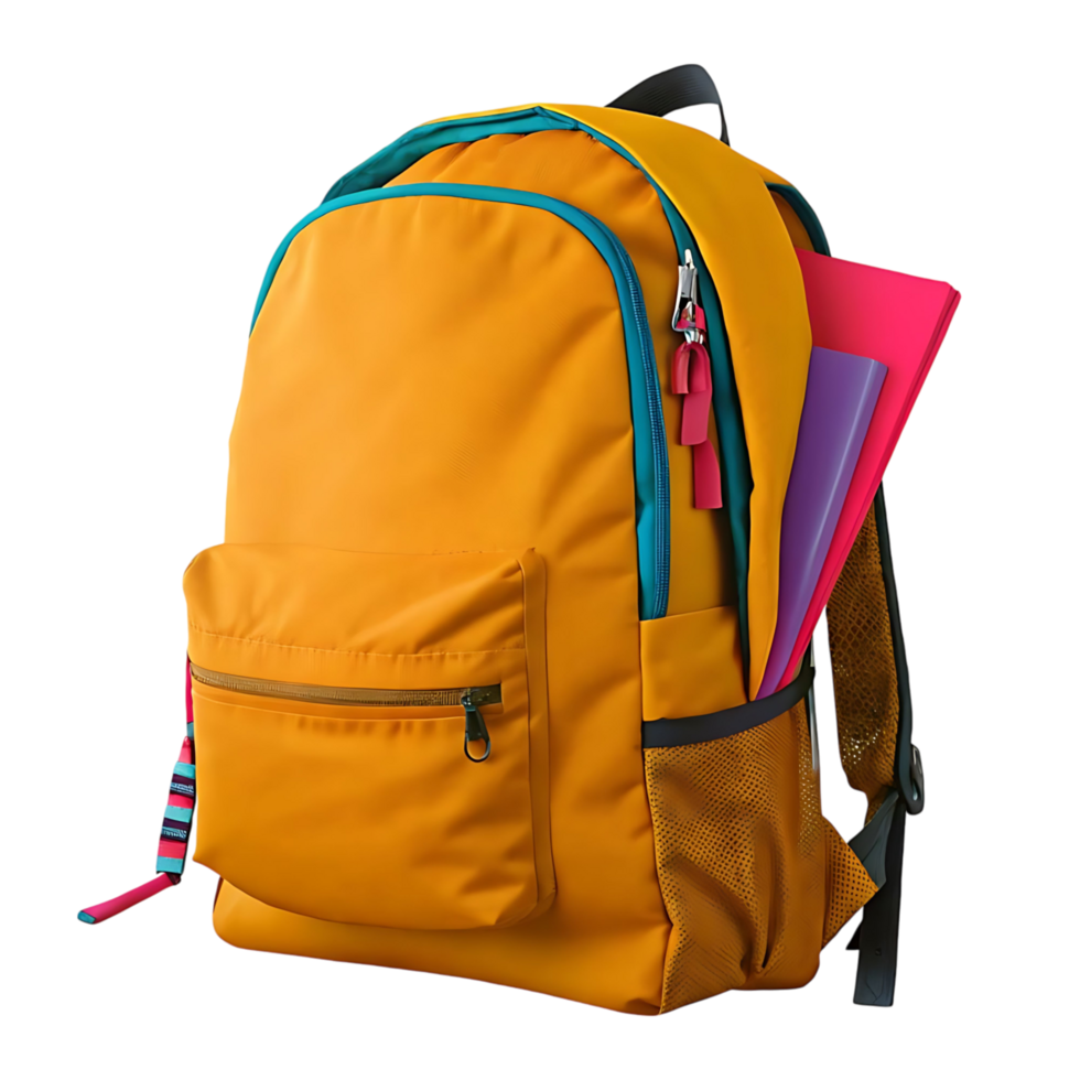 Bright Yellow Backpack with Teal Accents and Colorful Books Inside png