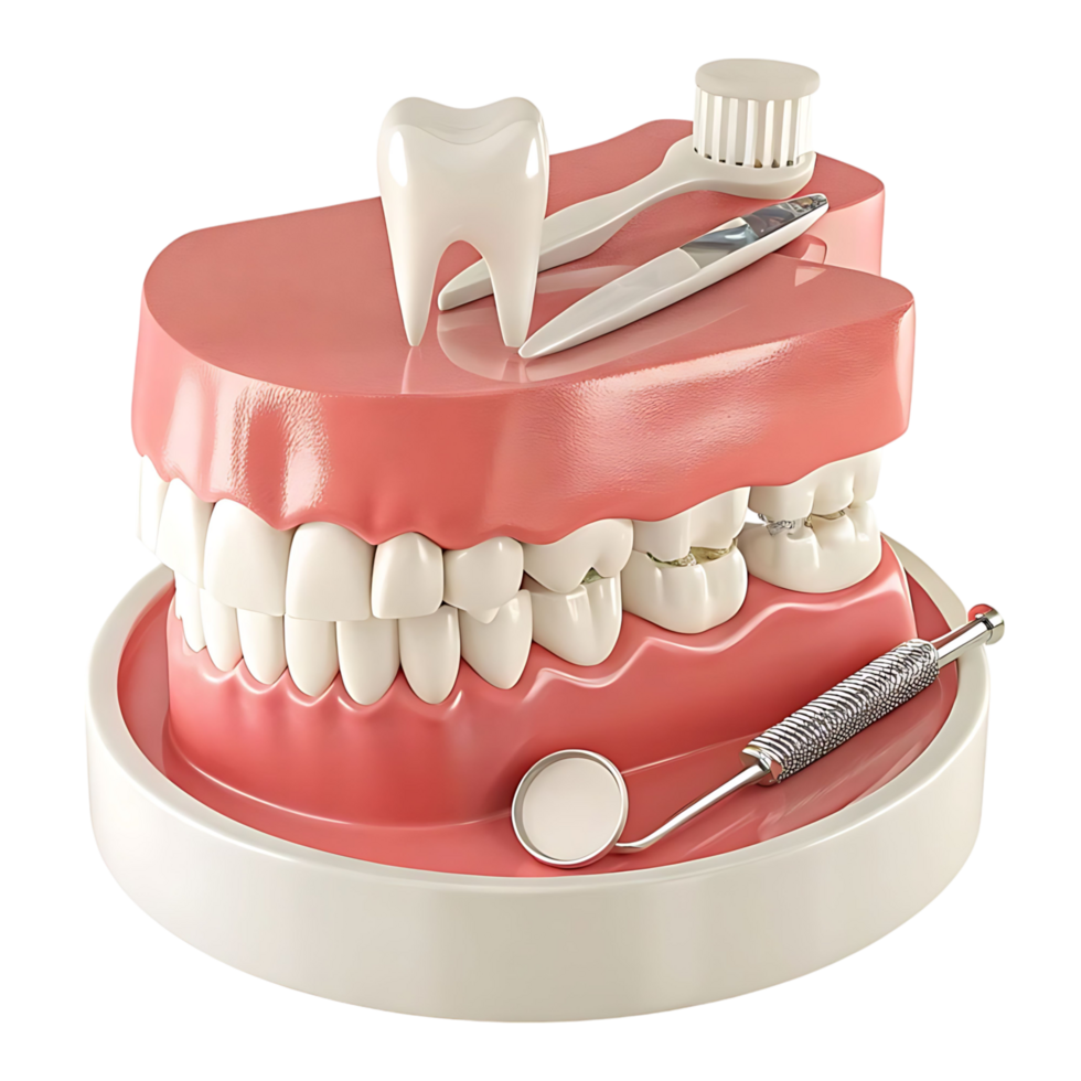 Detailed Dental Model with Toothbrush Tooth and Instruments for Oral Hygiene and Care png