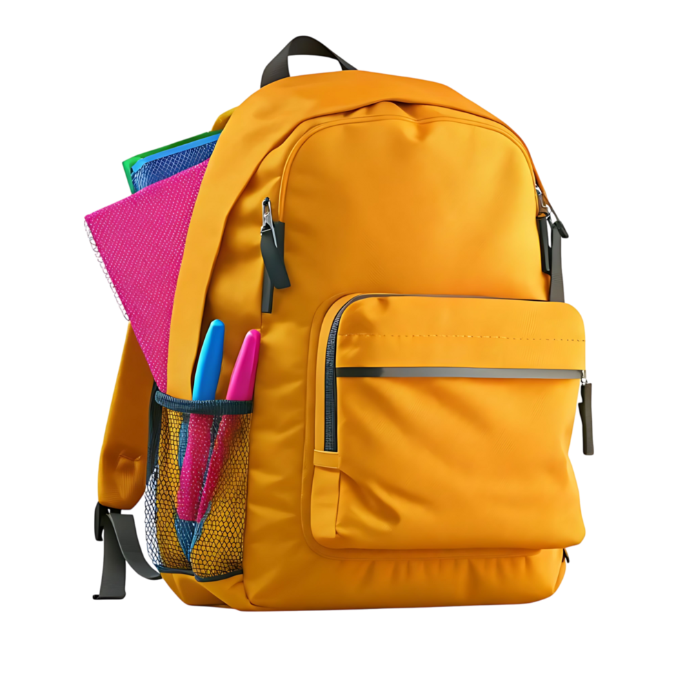 A vibrant yellow backpack filled with colorful school supplies against a transparent background png