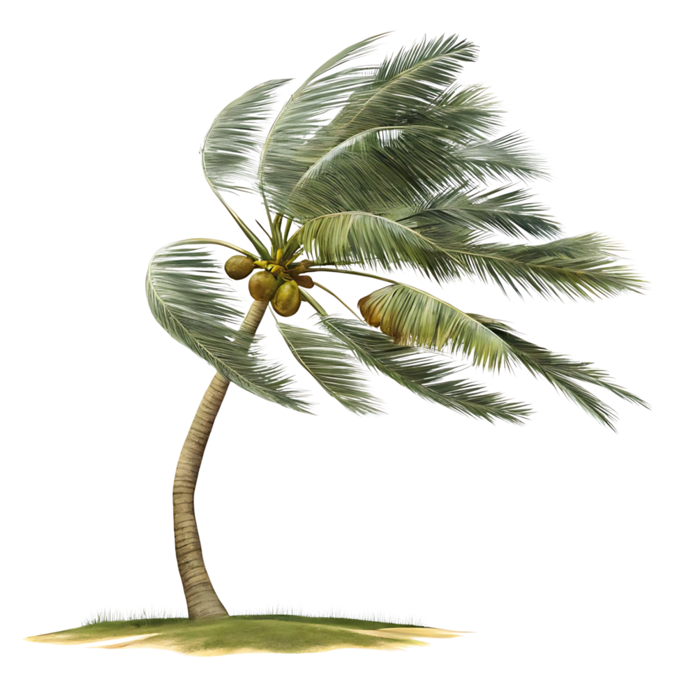 A single coconut palm tree in the wind on a small island png