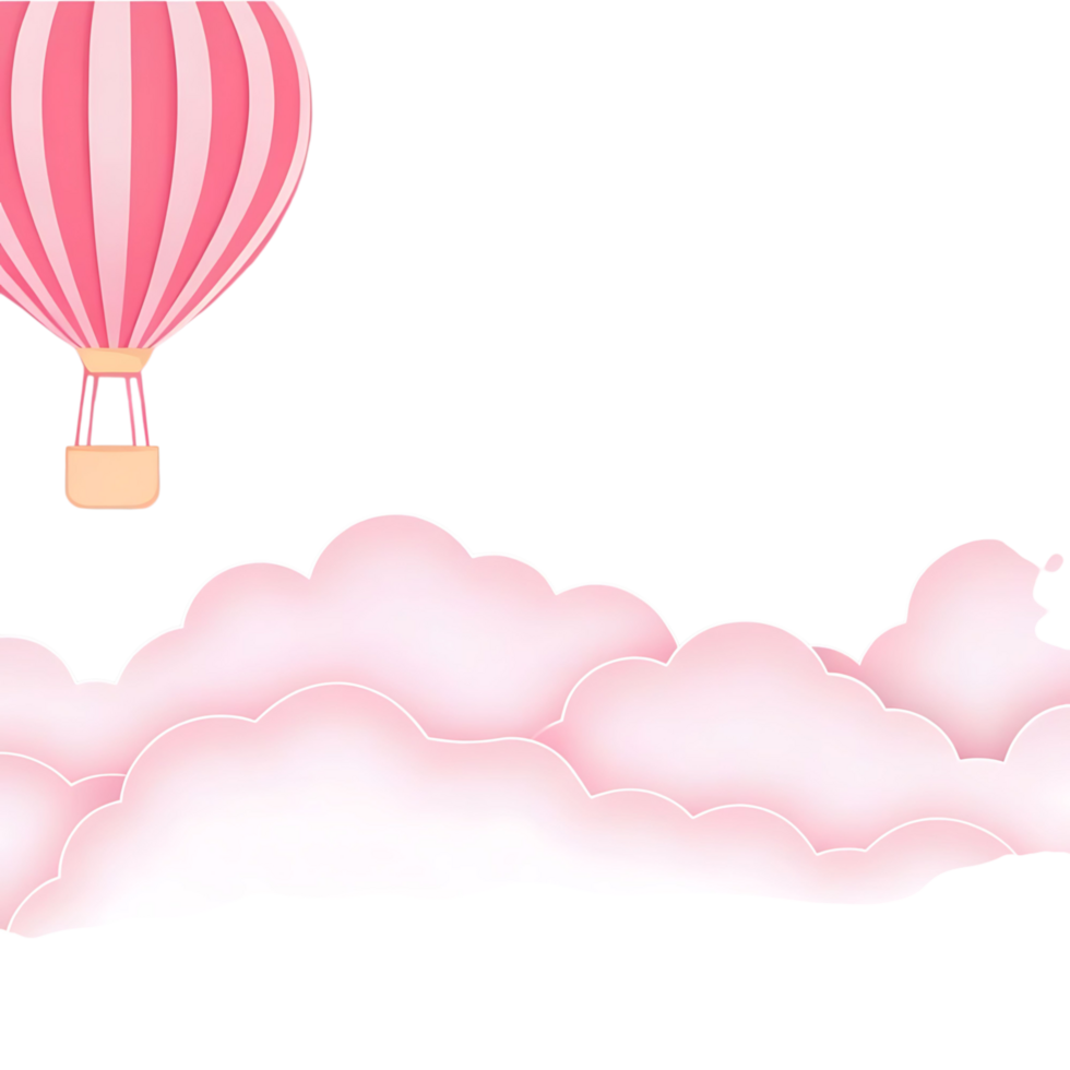 Pink Hot Air Balloon Floating Above Fluffy Pink Clouds in a Dreamy Sky png