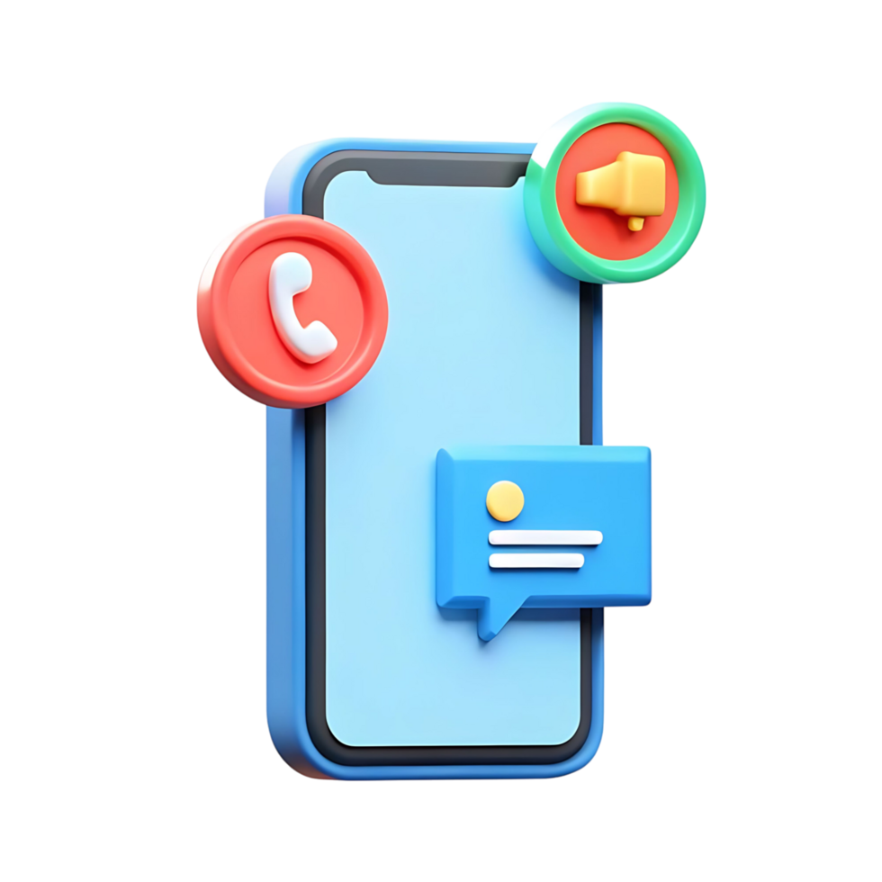 3D Render of Smartphone with Communication Icons Messaging Call and Announcement png