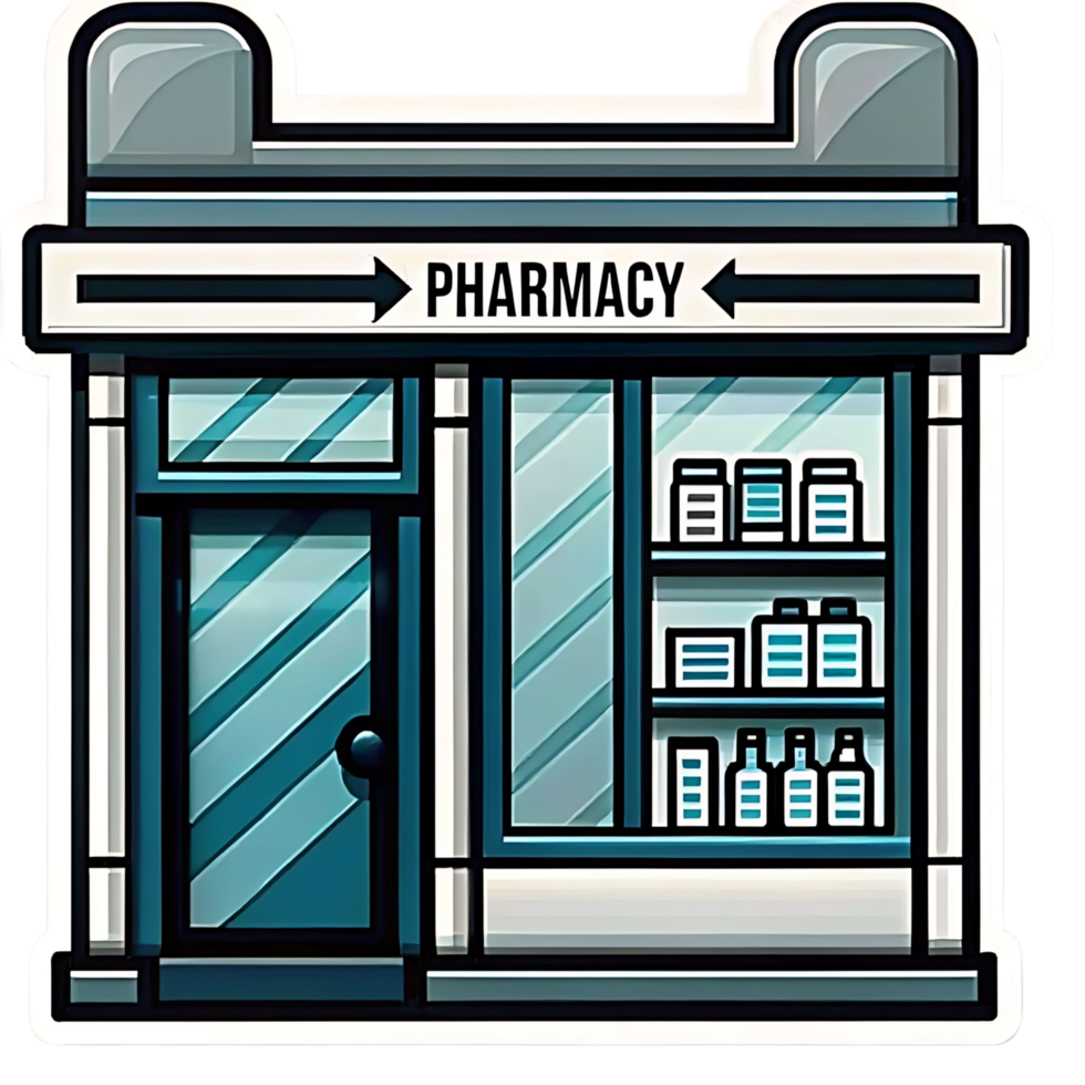 A Charming Illustration of a Pharmacy Building with a Teal Color Scheme and Detailed Interior View png