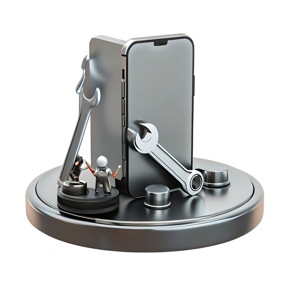Smartphone Repair Service Tiny Technicians Fixing Mobile Device with Tools on Metallic Platform png