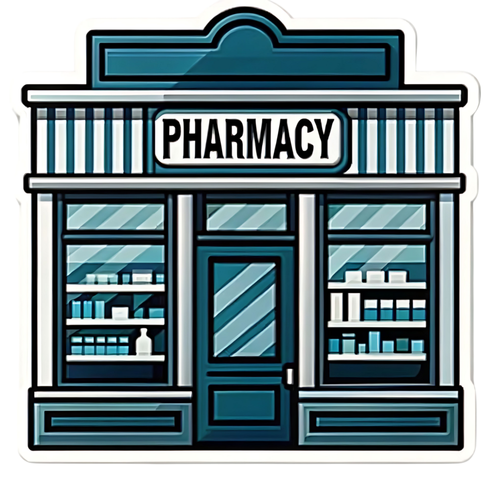 A Charming Teal Pharmacy Building Illustration with Detailed Facade and Display Shelves png