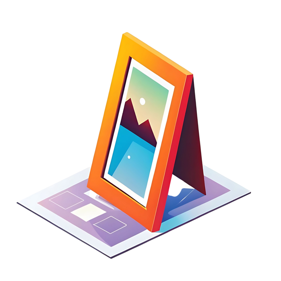 Isometric View of a Colorful Picture Frame Displaying a Landscape on a Document png