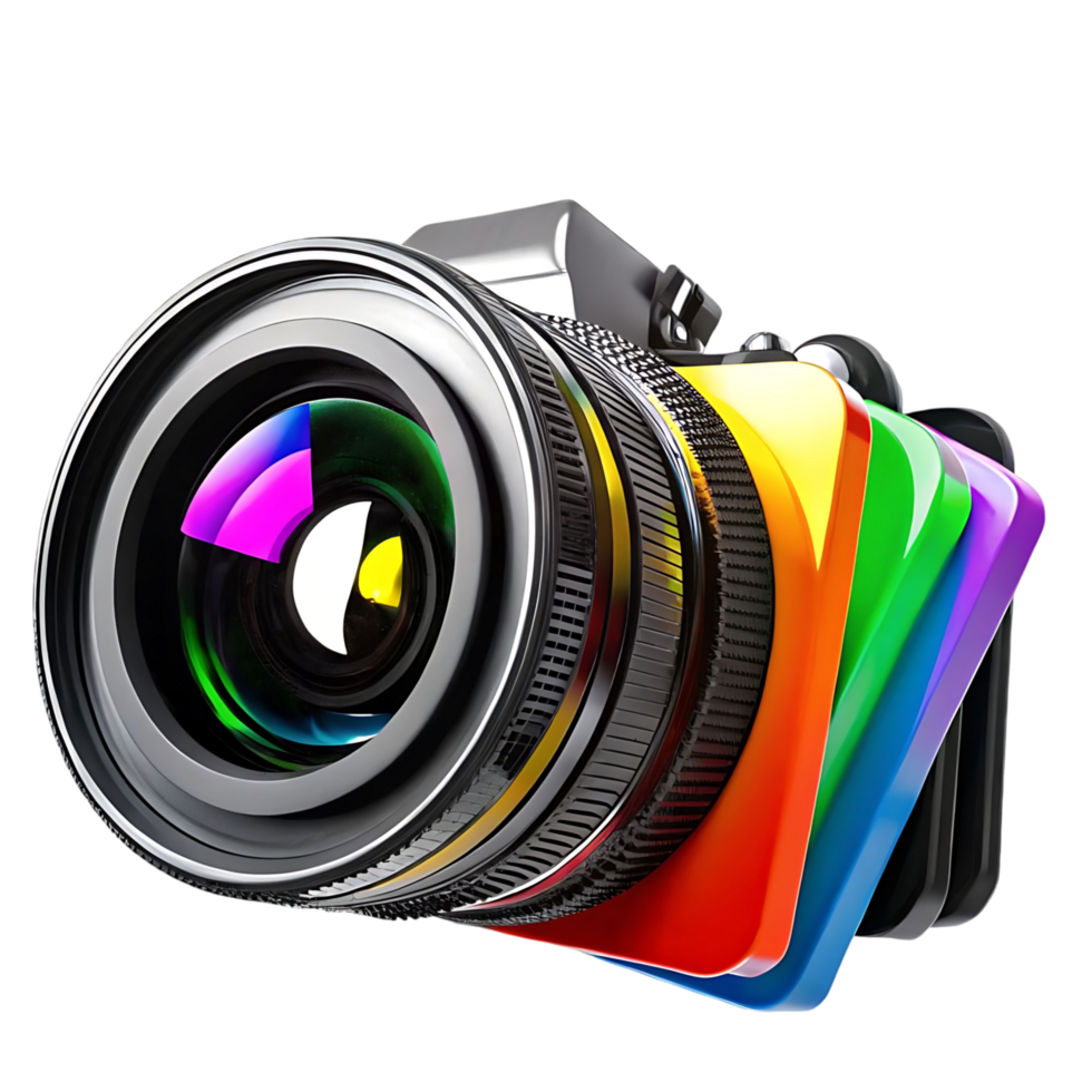 Professional Digital Camera with Colorful Filters and Large Lens for Photography and Videography png