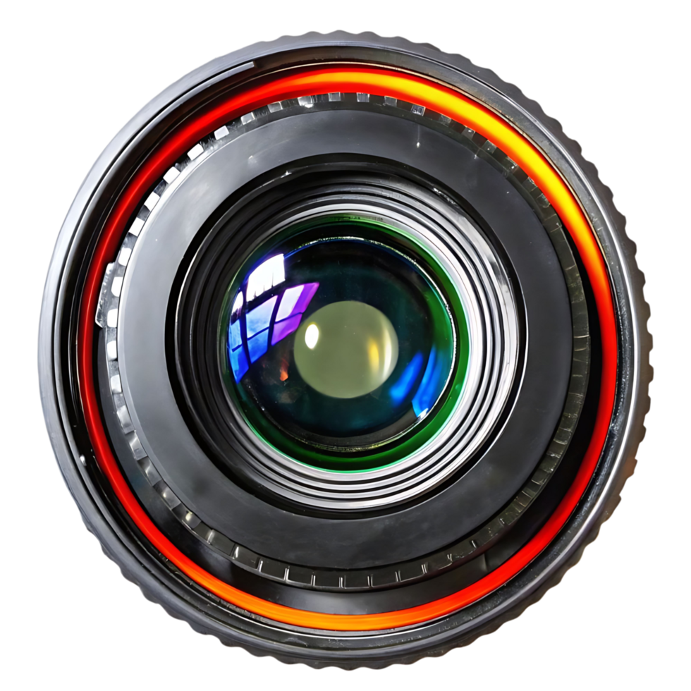Closeup of a camera lens with a glowing red ring around the edge showcasing intricate details and vibrant colors png