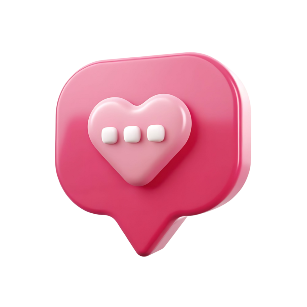 3D Render of Pink Speech Bubble with Heart and Three Dots Representing a Love Message or Notification png