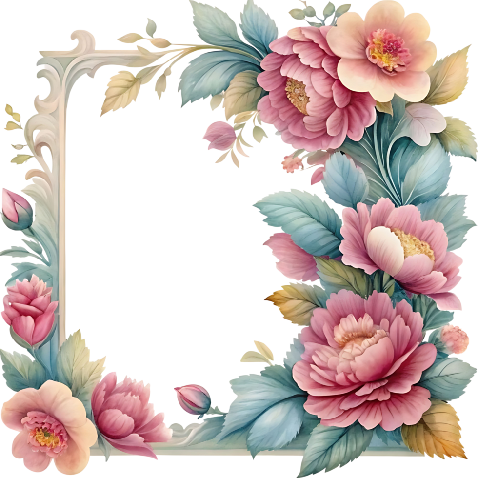 Elegant floral frame with pink and peach blossoms delicate leaves and ornate border png