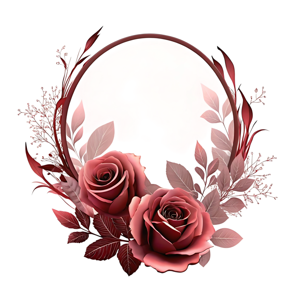 Elegant maroon roses and foliage in an oval frame artistic floral design png
