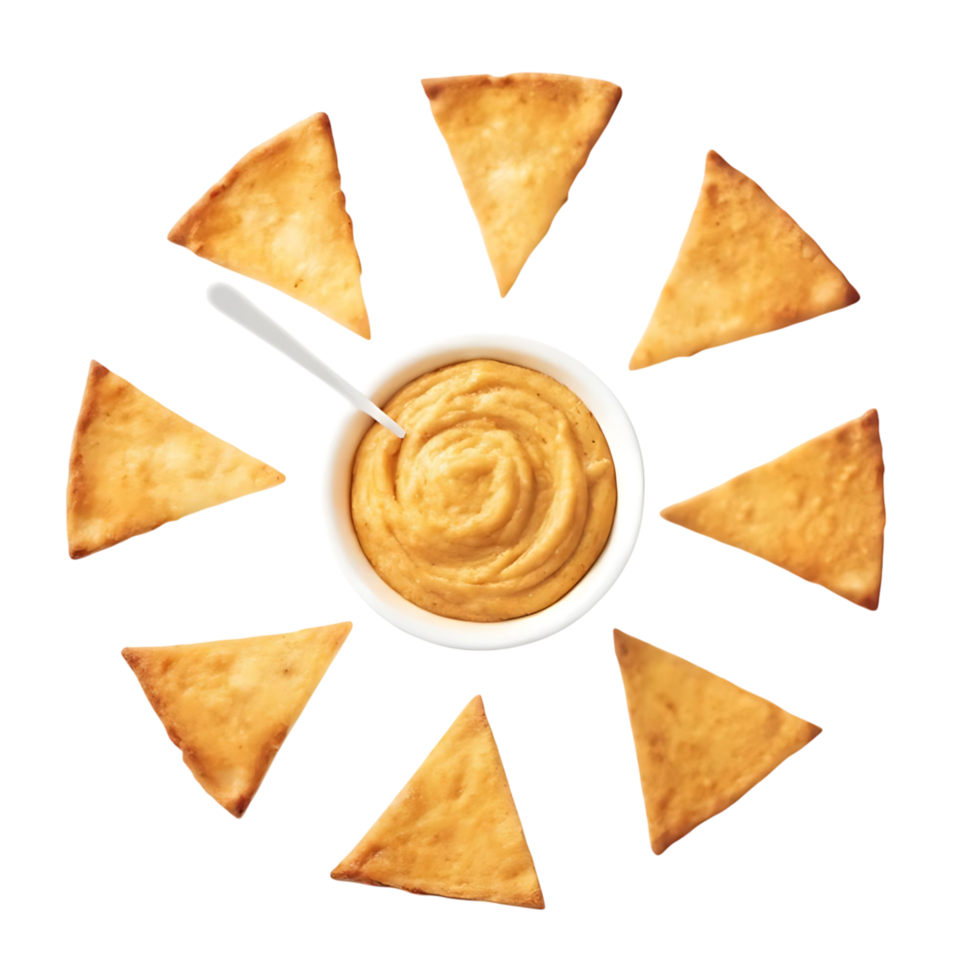 Delicious Creamy Hummus with Crispy Triangular Tortilla Chips Arranged in a Sunburst Pattern png