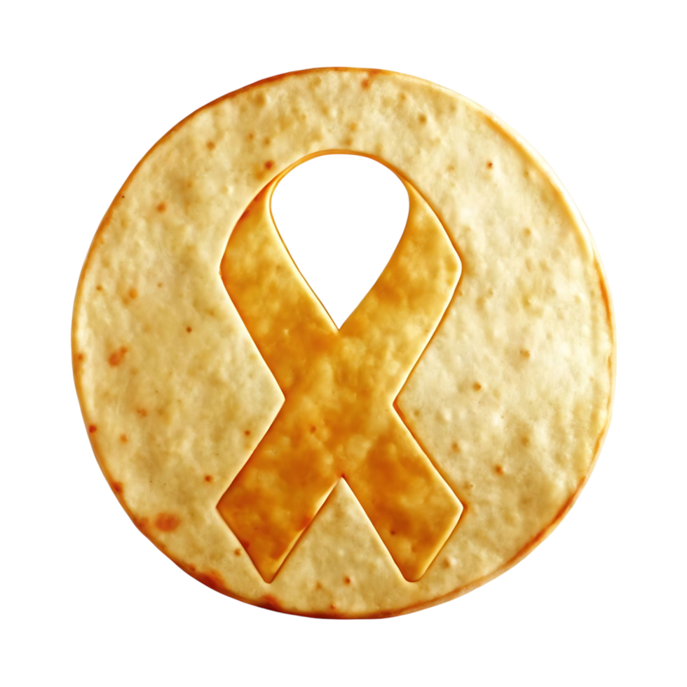 Round cracker with an orange ribbon design baked into it against a transparent background png