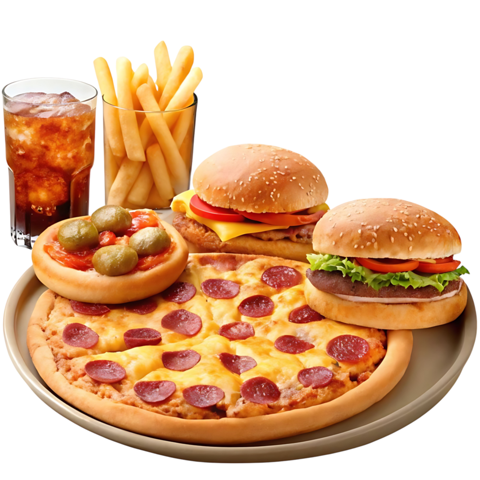 Delicious Fast Food Combo Pizza, Burgers, Fries, and Soda png