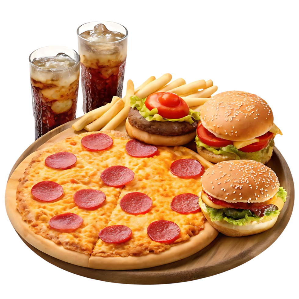 A pizza, hamburger and fries on a plate png