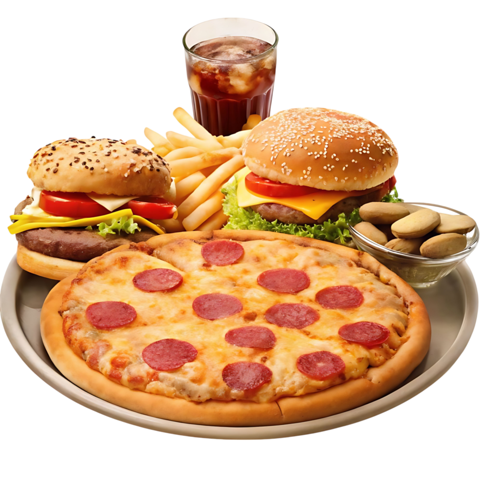 Delicious Fast Food Combo Meal with Pizza Burgers Fries and Soda png