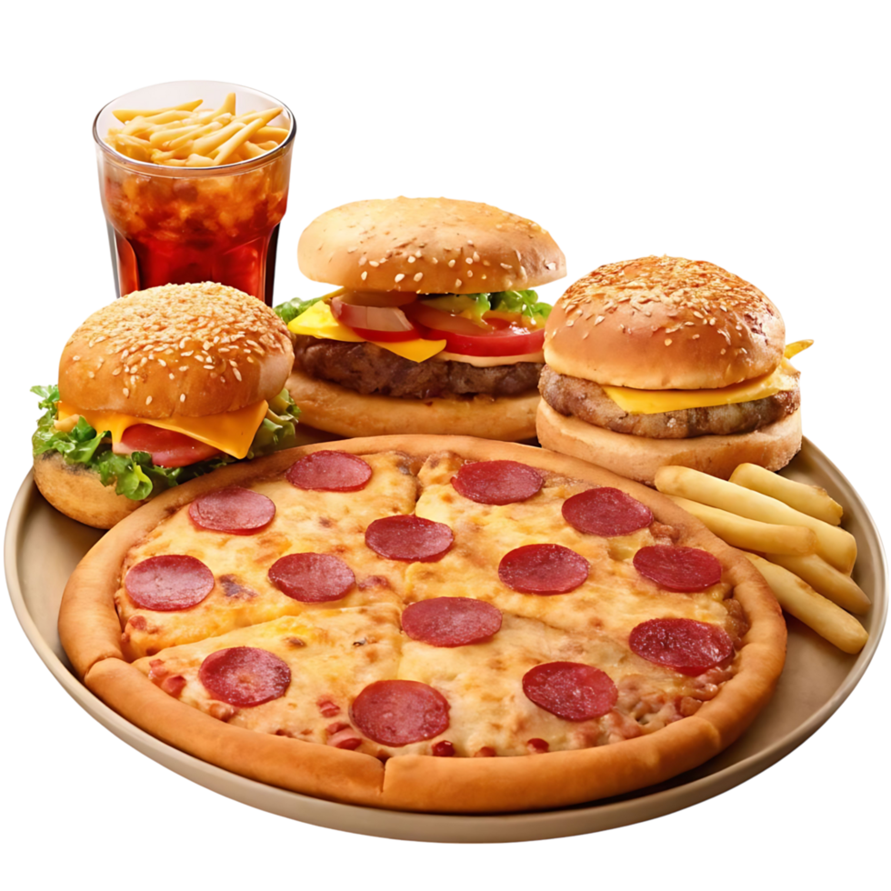 A pizza, a hamburger, and a soda on a plate png
