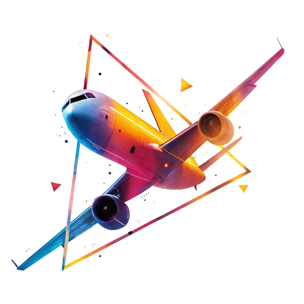 Vibrant Airplane Soaring Through a Geometric Frame Against a Dark Background a Colorful Airliner in Flight png